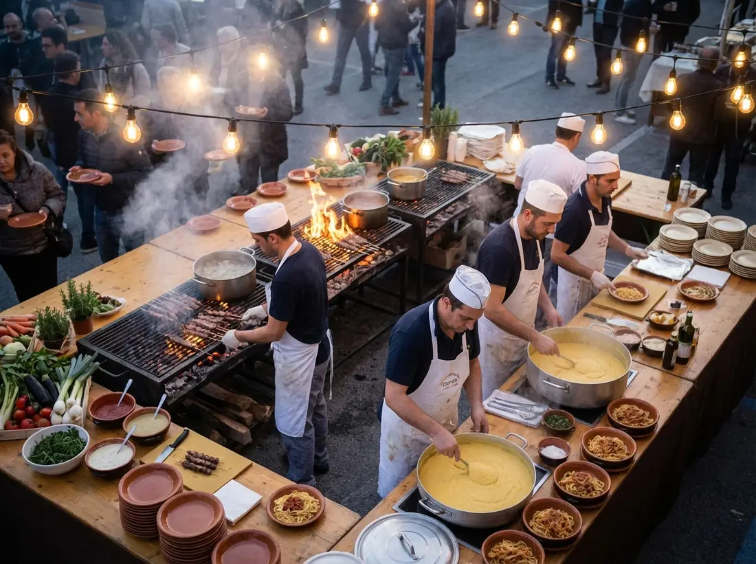 Cucina di una sagra con griglie e pentoloni
